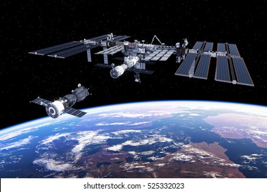 Spacecraft Docked To International Space Station. 3D Illustration.