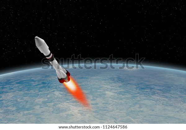 Spacecraft flying to\
unknown planet, stars and nebula in outer space. Space exploration.\
3d\
illustration.