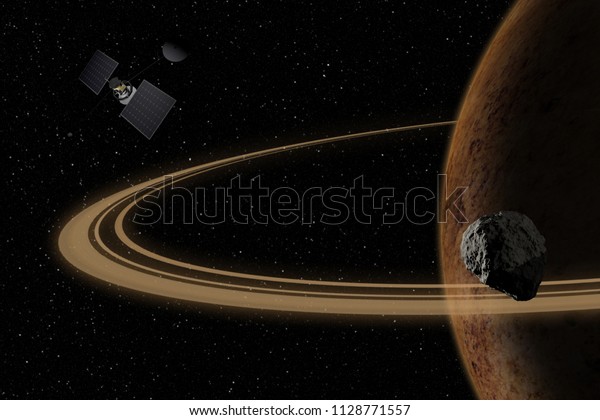 Spacecraft flying to\
unknown planet, stars and nebula in outer space. Space exploration.\
3d\
illustration.