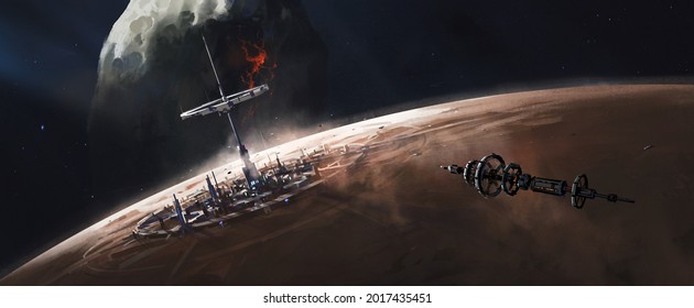 The spacecraft hovered over the alien base, 3D illustration.