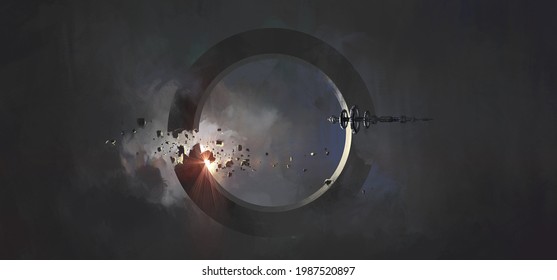 The Spacecraft Passes By A Ring-shaped Mysterious Celestial Body, 3D Illustration