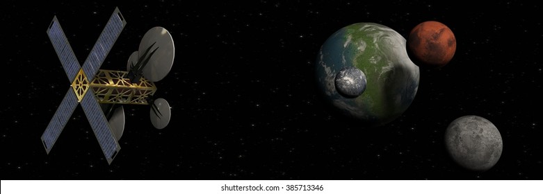 Spacecraft Satellite Observes A New Eart Planet With Moons In Space - Panorama