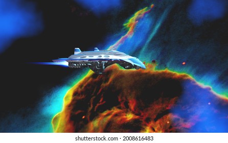 Spacecraft visits Carina Nebula 3D illustration - The Carina nebula which is many light-years from Earth is visited by a starcraft space vehicle.