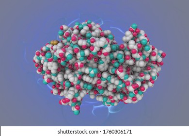 Space-filling Molecular Model Of Human Salivary Amylase, An Important Enzyme Found In The Oral Cavity. It Breaks Down Complex Carbohydrates Into Simple Sugars. Scientific Background. 3d Illustration