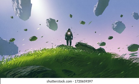 a spaceman standing on a hill surrounded by floating rocks, digital art style, illustration painting
