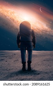 a spaceman walking on planet surface with an epic galaxy and stars in the sky. Elements in this image furnished by NASA. 3D rendering.