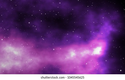 Spacescape illustration astronomy graphic design background with violet nebula and glowing stars in deep universe.