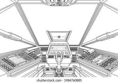 A Spaceship Or Air Plane Craft Cockpit With Space Ship Controls. A Possibly Alien Spacecraft Cabin Interior