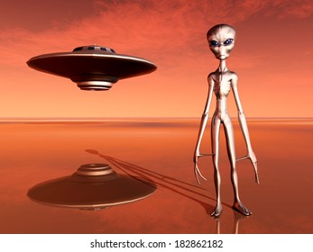 Spaceship and Alien in a Distant World Computer generated 3D illustration