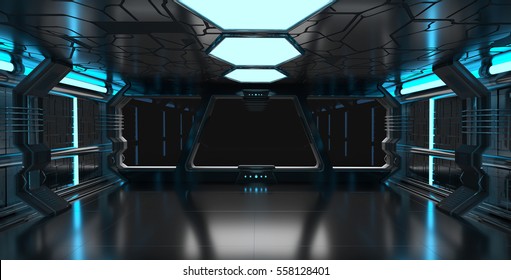 Spaceship Blue Interior With Window View With Black Background 3D Rendering Elements Of This Image Furnished By NASA