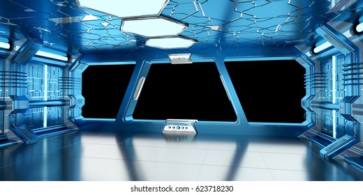 Spaceship Blue And White Interior With Black Window View 3D Rendering