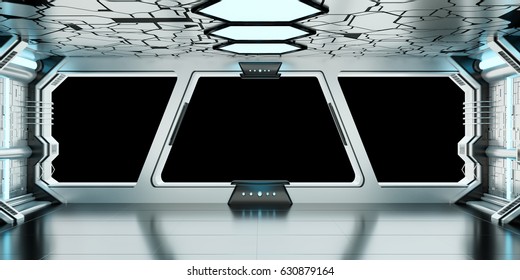 Spaceship Blue And White Interior With Black Window View 3D Rendering