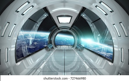 Spaceship Bright Interior With View On Planet Earth 3D Rendering Elements Of This Image Furnished By NASA