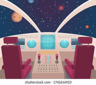 Spaceship Cockpit. Shuttle Inside Interior With Dashboard Panel Illustration In Cartoon Style