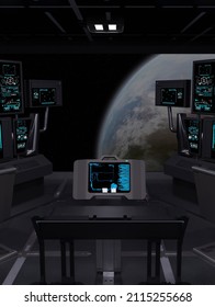 Spaceship Command Bridge With Instrument Control Panels And Viewscreen, 3d Digitally Rendered Science Fiction Illustration