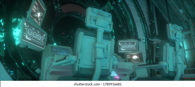 Spaceship Command Post. Empty Pilot Seats And Glowing Screens. Futuristic 3D Illustration With High Attention To Detail. Space Wallpaper.