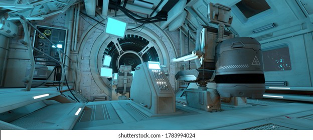 Spaceship Command Post. Futuristic 3D Illustration With High Attention To Detail. Space Wallpaper.