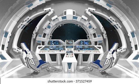 Spaceship. Command Room. White Interior. 3D Illustration.