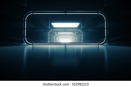 Spaceship Corridor. Futuristic Tunnel With Light, Interior View. Future Background, Business, Sci-fi Or Science Concept