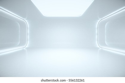 Spaceship Corridor. Futuristic Tunnel With Light, Interior View. Future Background, Business, Sci-fi Or Science Concept