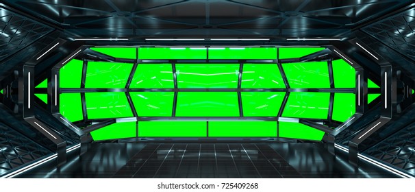 Spaceship Dark Interior With Green Window View 3D Rendering
