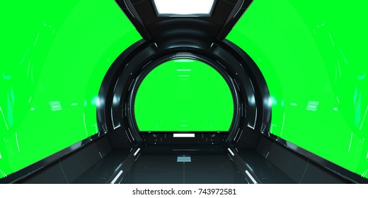 Spaceship Dark Interior With Green Window View 3D Rendering