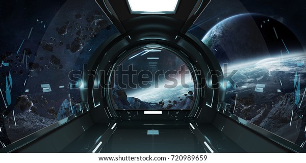 Spaceship dark\
interior with view on distant planets system 3D rendering elements\
of this image furnished by\
NASA