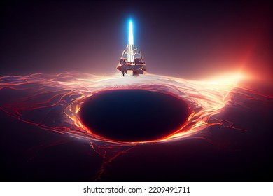 A Spaceship Entering A Black Whole, Worm Hole, Space Hole. A Giant Portal Made Of Light And Flares, Outter Space, Deep Space, Alien, Science Fiction. Painting, Concept Art, Illustration, Wallpaper