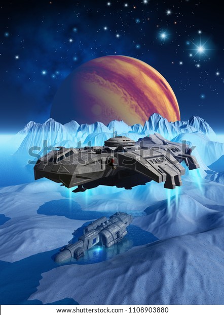 spaceship explores Europa, around Jupiter,\
in search of a wreck, in the background a giant moon and a nebula\
and shining stars, 3d\
illustration