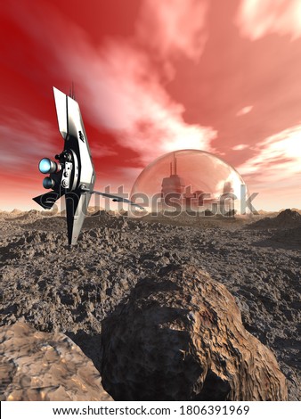 spaceship exploring alien Planet with rocks, desert, Sky and clouds, a space base under the dome, 3d illustration 
