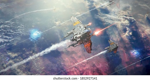 A Spaceship Flying Above The Sea Of Cloud Of A Planet, Shooting Lasers In A Battle. A Few Other Ships Fly In Formation Below.