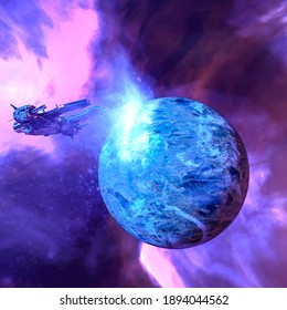 spaceship is flying on the planet in outer space, 3d illustration
