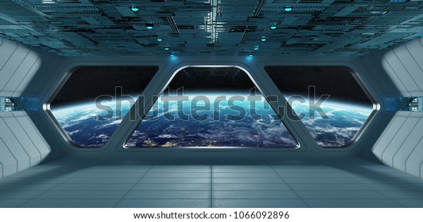 Spaceship futuristic grey blue interior with view on\
planet Earth 3D rendering elements of this image furnished by\
NASA