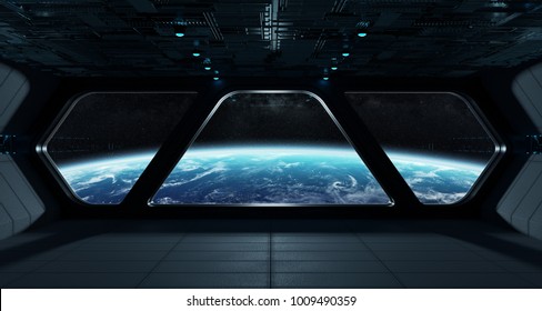 Spaceship Futuristic Interior With View On Planet Earth 3D Rendering Elements Of This Image Furnished By NASA