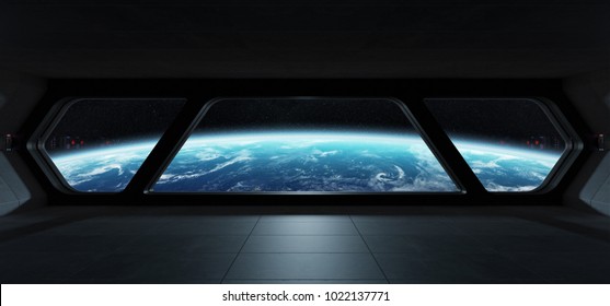 Spaceship Futuristic Interior With View On Planet Earth 3D Rendering Elements Of This Image Furnished By NASA