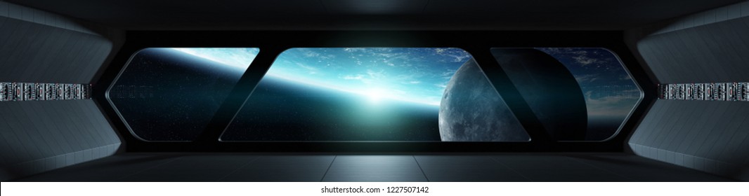 Spaceship Futuristic Interior With View On Planet Earth 3D Rendering Elements Of This Image Furnished By NASA