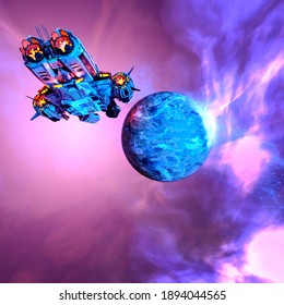 spaceship is going to the planet in outer space cool view, 3d illustration
