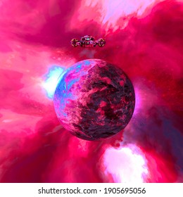 spaceship is going to the planet in outer space front view, 3d illustration
