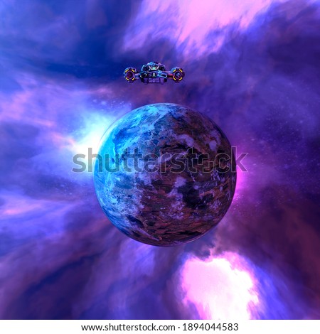 spaceship is going to the planet in outer space front view, 3d illustration