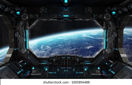 Spaceship Grunge Interior With View On Planet Earth 3D Rendering Elements Of This Image Furnished By NASA