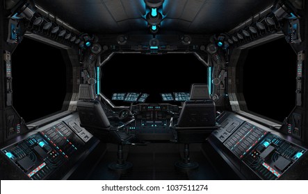 Spaceship Grunge Interior With View On A Isolated Black Window