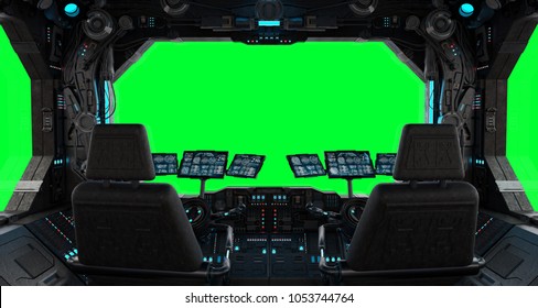 Spaceship Grunge Interior With View On A Isolated Green Window