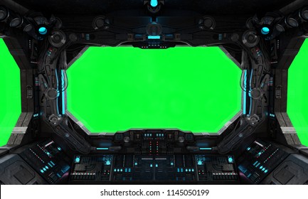 Spaceship grunge interior with view on a isolated green window