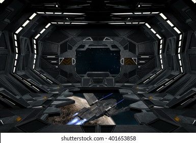 Spaceship Interior. Spacecraft Condor. Huge Planet. 3D Illustration.