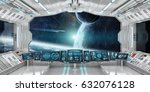 Spaceship interior with view on space and distant planets system 3D rendering elements of this image furnished by NASA
