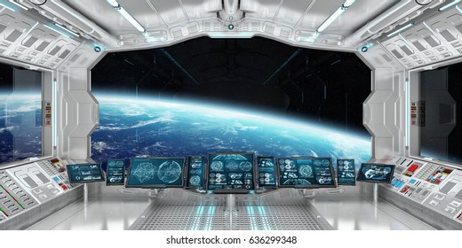 Spaceship Interior With View On Space And Planet Earth 3D Rendering Elements Of This Image Furnished By NASA