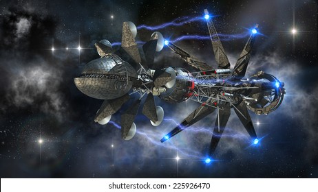 Spaceship In Interstellar Travel Initiating A Warp Drive, On A Galactic Starfield For Alien Fantasy Games Or Science Fiction Deep Space Travel Backgrounds