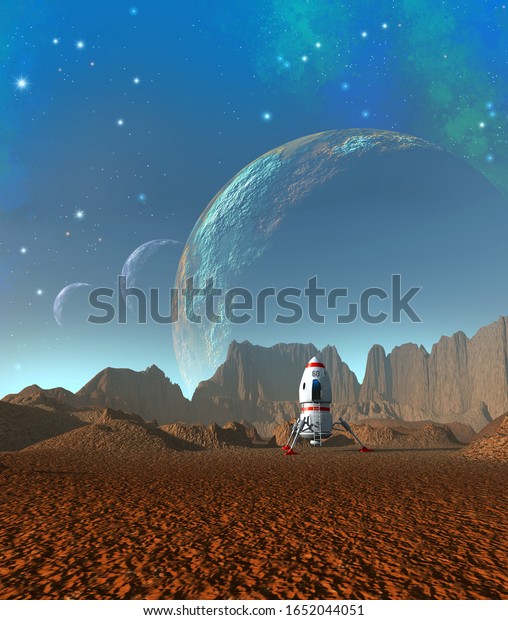 spaceship\
landed on alien Planet with moons, 3d\
rendering