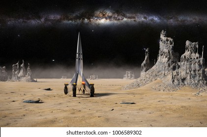 Spaceship Landed On Surface Of An Alien Planet, Landscape With Strange Rock Formations (3d Illustration)