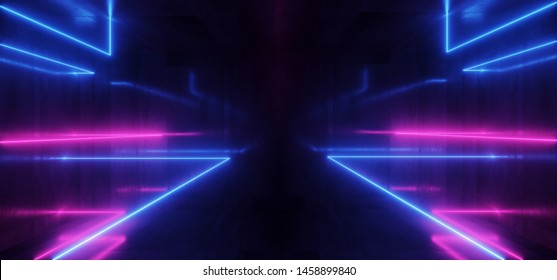 Spaceship Neon Glowing Lights Laser Shapes Beam Purple Blue Vibrant Retro Modern Futuristic Sci Fi Night Club Scene Tunnel Corridor Hall Garage Grunge Concrete Reflective Background 3D Rendering 